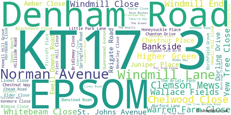 A word cloud for the KT17 3 postcode